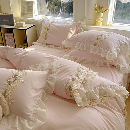 2026 New INS Princess Style Bedding Sets Ruffle Lace Bow Quilt Cover Romantic Bedclothes Woman Girls Bedroom Duvet Cover 4pcs