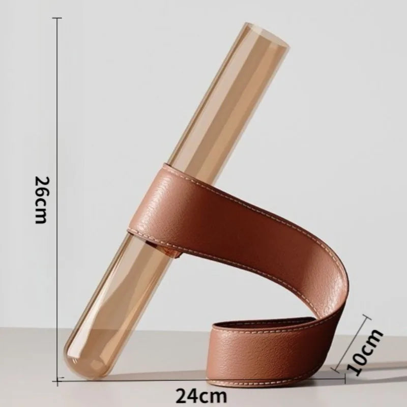 Nordic Modern Artistic Vases Simple Glass Tubular Living Room Desktop Vases Leather Bracket Handmade Luxury Personal Home Decor