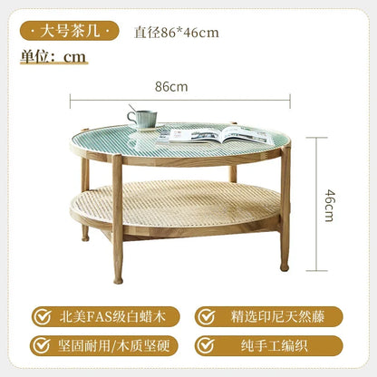 J Modern Simple Small Apartment Size Round Table Combination Household Solid Wood Rattan Coffee Table Living Room Double Round