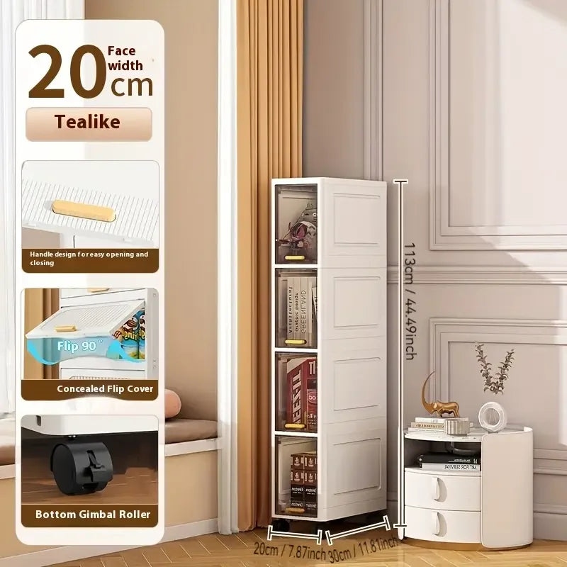 20cm Slim Storage Cabinet, 3/4/5-Tier Narrow Rolling Organizer with Wheels, Space-Saving Shelf  White Multi-Purpose Storage