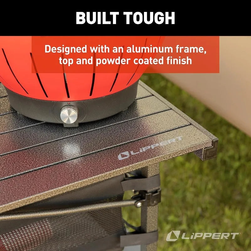 Camping Dining Table, Slatted Aluminum Tabletop, Foldable Design, Heavy-Duty Steel Legs, Powder-Coated Protection, Mesh