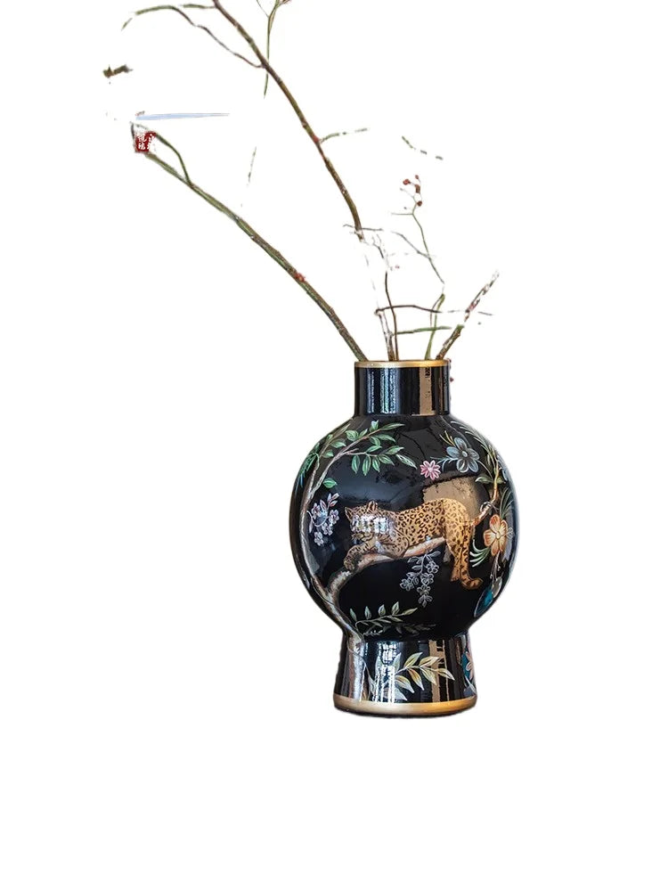 "Lucky Leopard" vase decoration retro high-end flower arrangement ceramic medieval ornaments new Chinese style