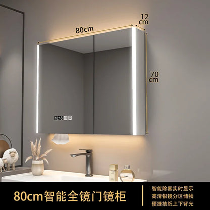 Bathroom Furniture Mirror Cabinet Modern Solid Wood Bathroom Smart with Light Defogging Beauty Mirror with Storage Locker