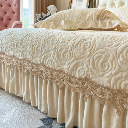 3/5Pcs Luxury Velvet Fleece Lace Ruffles Quilted Bedspread, Mattress Cover, Bed Skirt, Bed Sheet Set, With Pillowcases