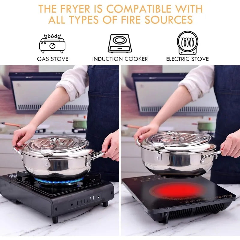 Stainless Steel Frying Pot with Thermometer and Oil Drip Drainer Rack Household Double Bottom Gas Induction Cooker Kitchen Tools
