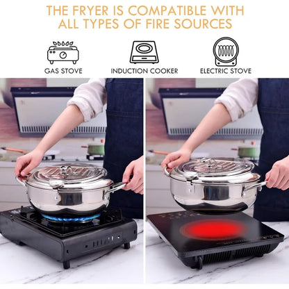 Stainless Steel Frying Pot with Thermometer and Oil Drip Drainer Rack Household Double Bottom Gas Induction Cooker Kitchen Tools