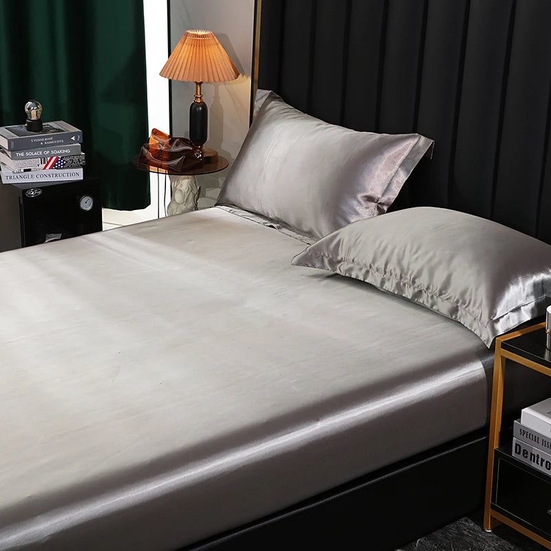 Mulberry Silk Bed Sheet Set with Fitted Sheet Flat Sheets Pillowcase Luxury Solid Color Bedding Sets Wrinkle-Free Antiallergic