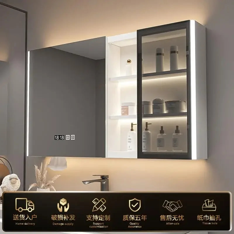 Bathroom Furniture Mirror Cabinet Modern Solid Wood Bathroom Smart with Light Defogging Beauty Mirror with Storage Locker