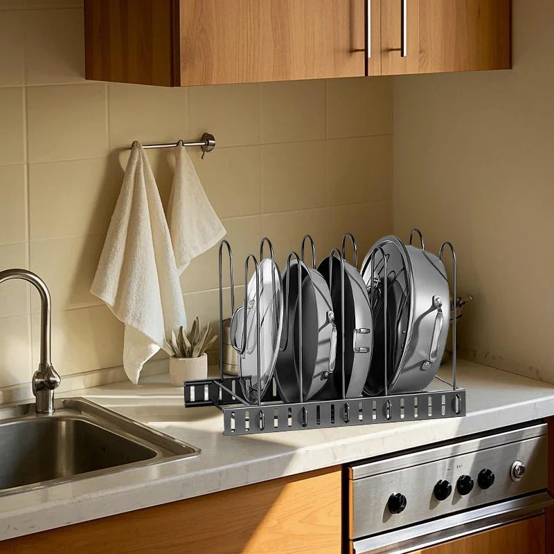 Pot and Pan Organizer Rack for Cabinet, Upgraded Adjustable Pot Lid Organizer for Cutting Board, Cast-iron Pan, Heavy Cookware