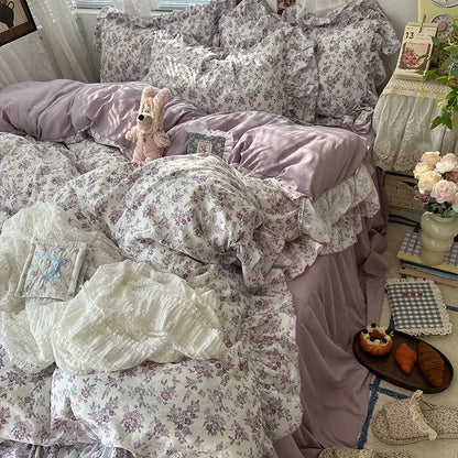 2025 new Korean Princess Style Floral Ruffles Bedding Set Skin-friendly Soft Duvet Cover Set Bed Sheet Or Bed Skirt Pillowcases