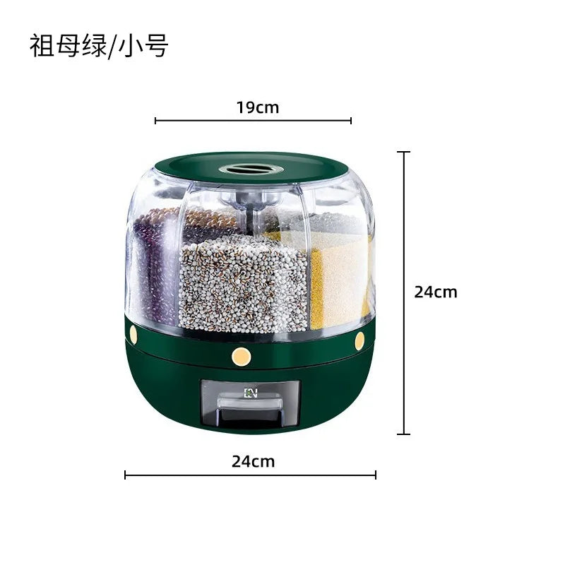 Rice bucket divided into grids, rotating, multi grid storage box for miscellaneous grains, household moisture-proof