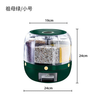 Rice bucket divided into grids, rotating, multi grid storage box for miscellaneous grains, household moisture-proof