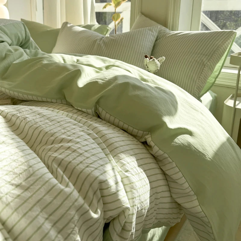 Ins Stripes 100% Washed Cotton Bedding Set with Pillowcase Bed Sheet Quilt Cover Single Double King Queen Size Duvet Cover Set