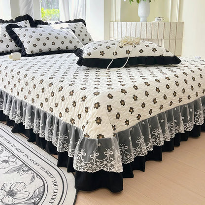 1pc Quilted Bedspread for Beds Thick Blanket with Lace Single/Queen/King Size Flower Printed Quilted Bed Cover Soft Bedspreads