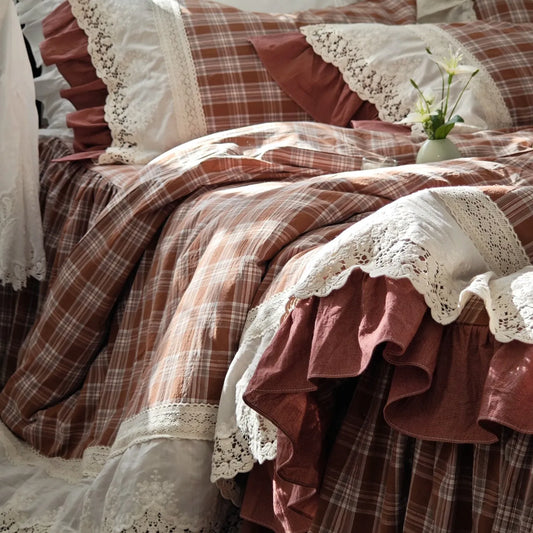 Korean Style Colorful Checkered Princess Bedding Set, 100% Cotton Washed Yarn-Dyed Lace Ruffle Bed Skirt Duvet Cover Bed Linen