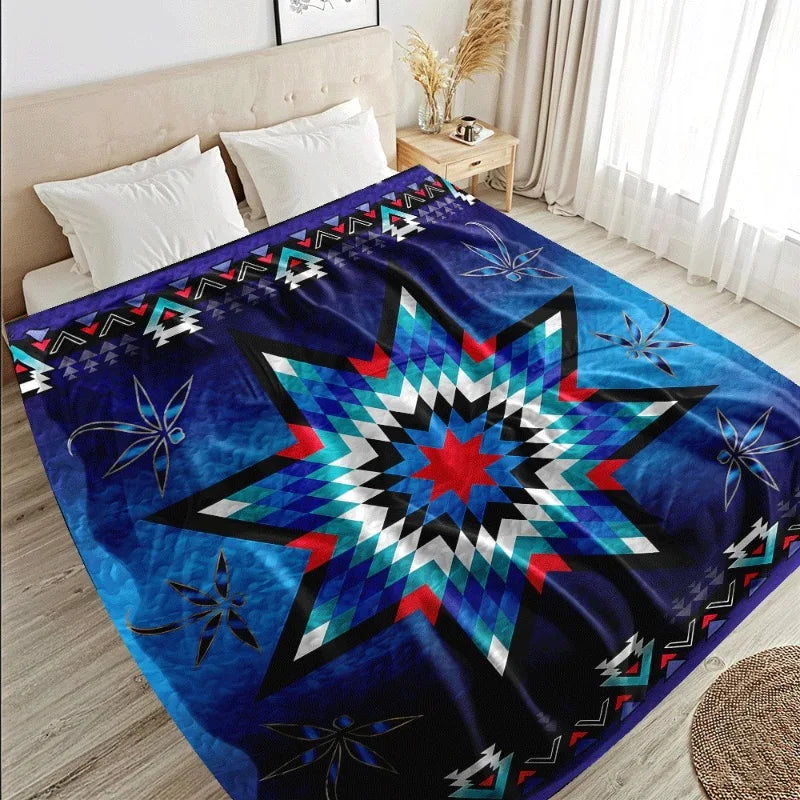 Native American Indian Style Quilted Flannel Blanket - All-Season Southwestern Tribal Bedspread with Star & Motifs Turquoise