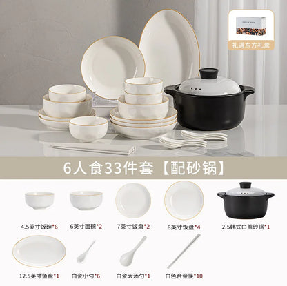 korean style white plates dinner sets ceramic gold rim 8 person dinner sets full set Casserole vajillas completa Bowl set