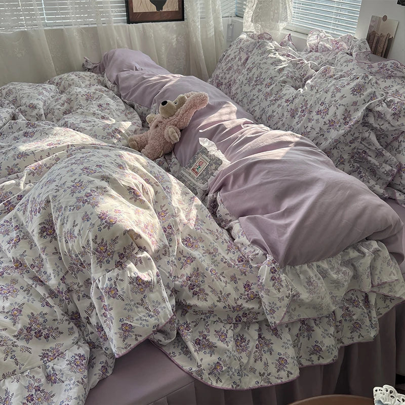 3/4Pcs Korean Princess Style Floral Ruffles Bedding Set Skin-friendly Soft Duvet Cover Set Bed Sheet Or Bed Skirt Pillowcases