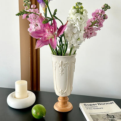 1PC French relief white creative ceramic wooden vase for living room, home and hotel decoration