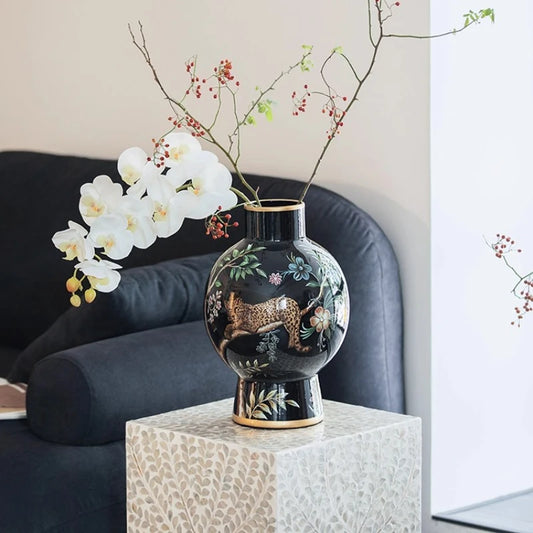 Entrance Living Room "Fortune Leopard" Vase Decoration Vintage High-end Sense Flower Arrangement Ceramic Antique Ornament