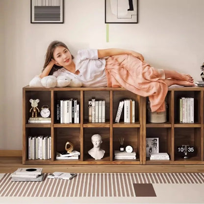 Solid Wood Short Bookshelf Floor Storage Cabinet Grid Organizer Shelf for Living Room Home & Kindergarten Display Unit