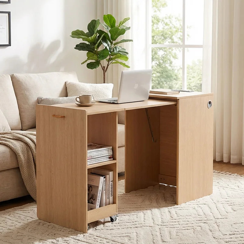Modern Wooden Folding Desk with Power Outlet, Storage Shelves & Wheels - Extendable Mobile Writing Table for Home Office