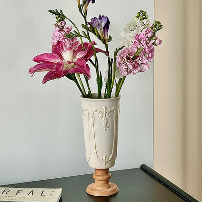 1PC French relief white creative ceramic wooden vase for living room, home and hotel decoration