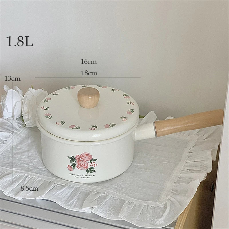 Enamel Milk Pan With Lid Vintage Pink Rose Kitchen Pots Offers Baby Food Pot Small Noodle Soup Pot Enamel Cookware Utensils