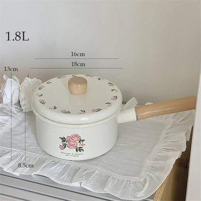 Enamel Milk Pan With Lid Vintage Pink Rose Kitchen Pots Offers Baby Food Pot Small Noodle Soup Pot Enamel Cookware Utensils