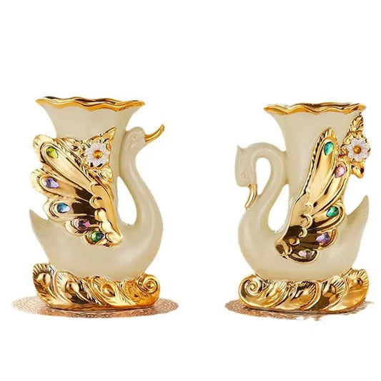 ABKW-Living Room Decoration Swan-Shaped Vases-Elegant Design With Gold Accents, Vase For Dried And Artificial Flowers
