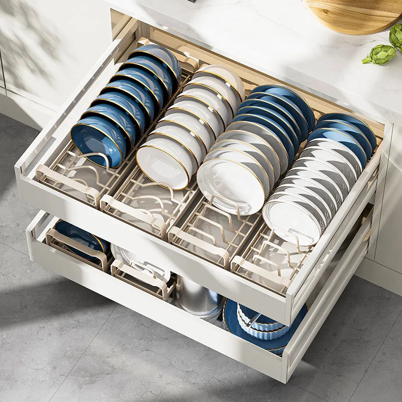 Pull Out Cabinet Dish Storage Rack Stainless Steel Plate Drain Stand Holder Kitchen Drawer Built-in Bowl Rack Basket Organizer