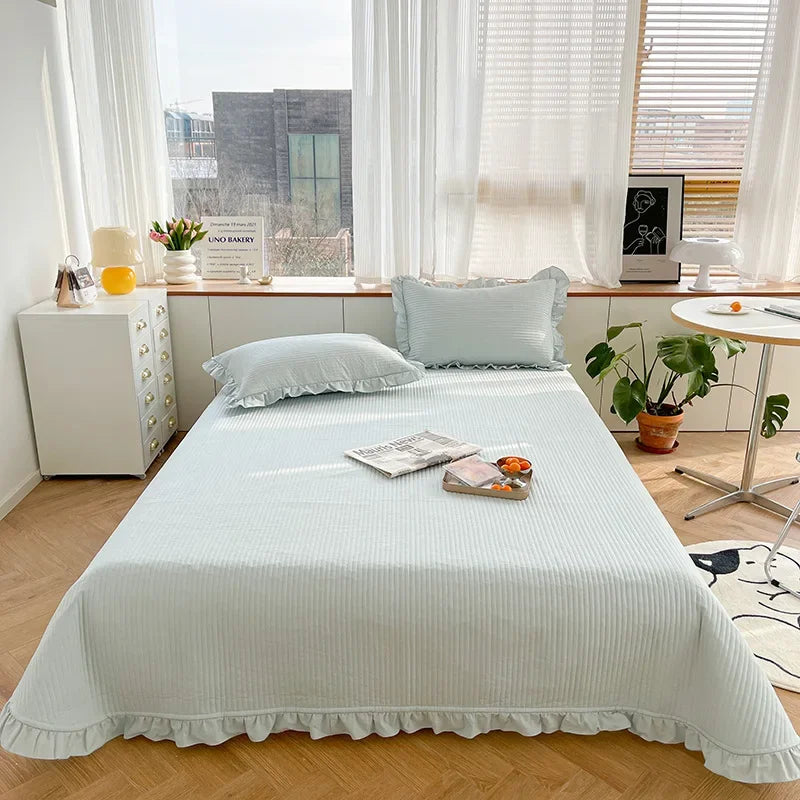 Korean Style Quilted Double Bed Cover and Pillowcase 100% Cotton Ruffles Comfortable Queen Size Bedspread Set Soft Home Coverlet