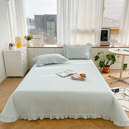 Korean Style Quilted Double Bed Cover and Pillowcase 100% Cotton Ruffles Comfortable Queen Size Bedspread Set Soft Home Coverlet