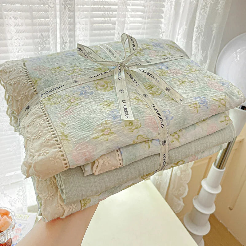 INS Princess Bedding Set Ruffle Lace Quilt Cover Romantic Bedclothes Woman Girls Home Decor Duvet Cover Set Korean Style Floral