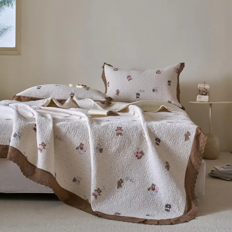 Flower Printed Bed Cover with Lace French Style Washed Cotton Bedspreads Quilted cobre leito de casal Comfortable and Soft 이불패드
