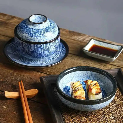 Wave Pattern Tableware Stew Bowl Ceramic Dessert Bowl With Cover Cup Spoon