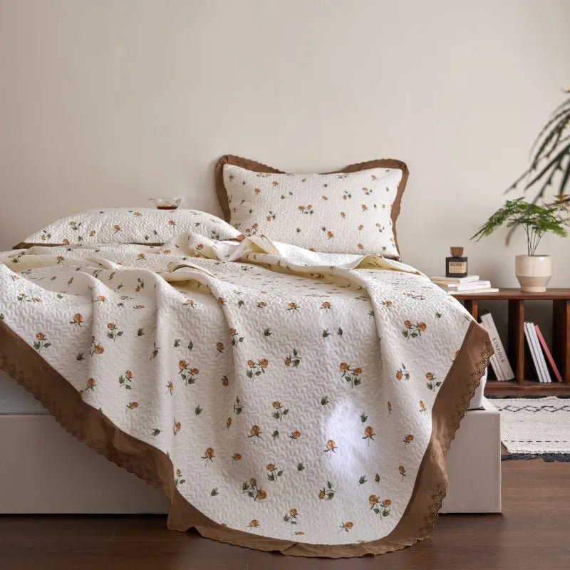 Flower Printed Bed Cover with Lace French Style Washed Cotton Bedspreads Quilted cobre leito de casal Comfortable and Soft 이불패드