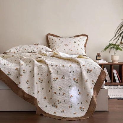 Flower Printed Bed Cover with Lace French Style Washed Cotton Bedspreads Quilted cobre leito de casal Comfortable and Soft 이불패드
