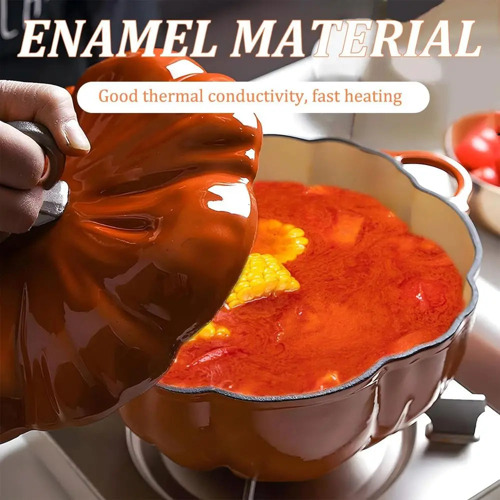 4-Quart Pumpkin Cocotte, Enameled Cast Iron Dutch Oven with Lid, Perfect for Soups and Holiday Meals, Suitable for 3-5 People, I