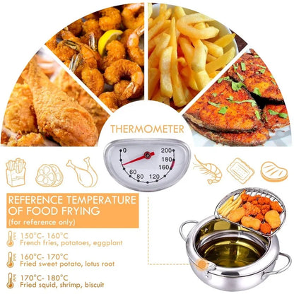 Stainless Steel Frying Pot with Thermometer and Oil Drip Drainer Rack Household Double Bottom Gas Induction Cooker Kitchen Tools