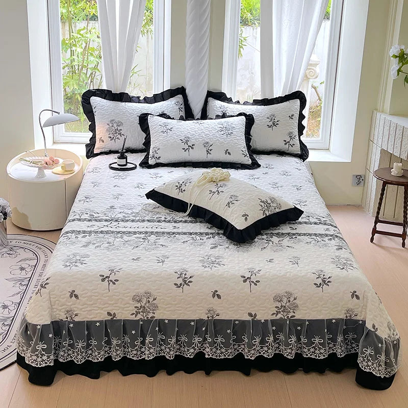 1pc Quilted Bedspread for Beds Thick Blanket with Lace Single/Queen/King Size Flower Printed Quilted Bed Cover Soft Bedspreads