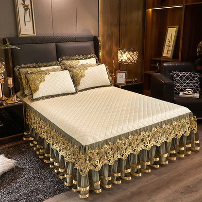 Gold Embroidery Velvet Quilted Thicken Bedspread Queen King Size Soft Warm Lace Ruffle Bed Skirt 2 Pillowcases 200x220 Green
