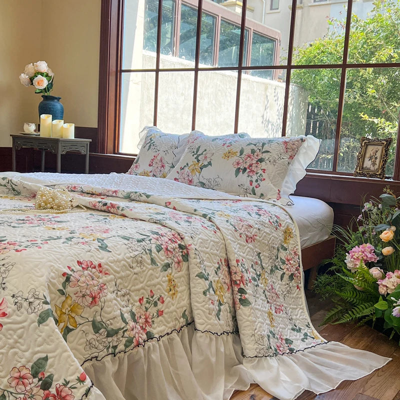 Bonenjoy Bedspread Floral Style Bed Linen Lace Bed Cover Quilted Bedsheet 250x260cm Bedspreads 침대커버 (Pillowcase Need Order)