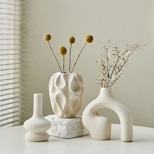 Modern Nordic minimalist circular and donut shaped geometric pattern vases are perfect for fashionable home decor