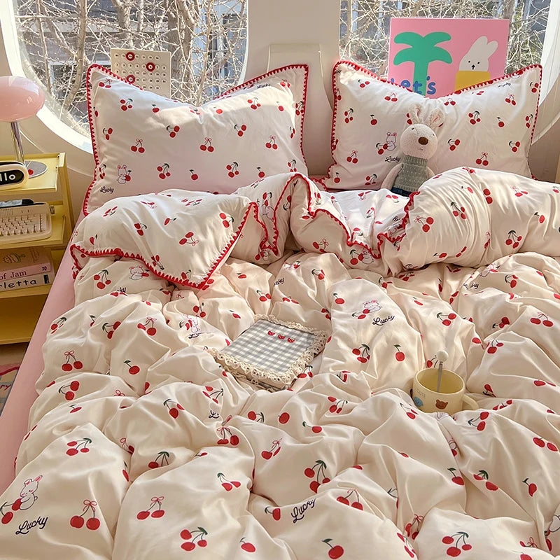 Korean Floral Style Bedding Set Washed Cotton Bed Flat/Fitted Sheets Set Duvet Cover Bed Linen Pillowcase Full Double Queen King