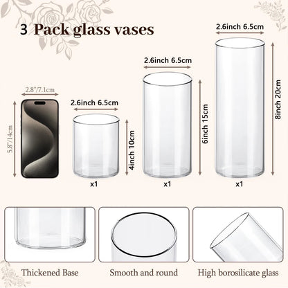 Glass Cylinder Vases 4/6/8 Inch Tall Clear Vases for Centerpieces Weeding Decoration, Clear Glass Flower Vases Hurricane