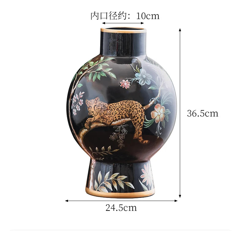 Leopard In The Jungle Porch Living Room Ceramic Art Vase Decoration Retro Flower Arrangement Sun God Medieval Ornaments