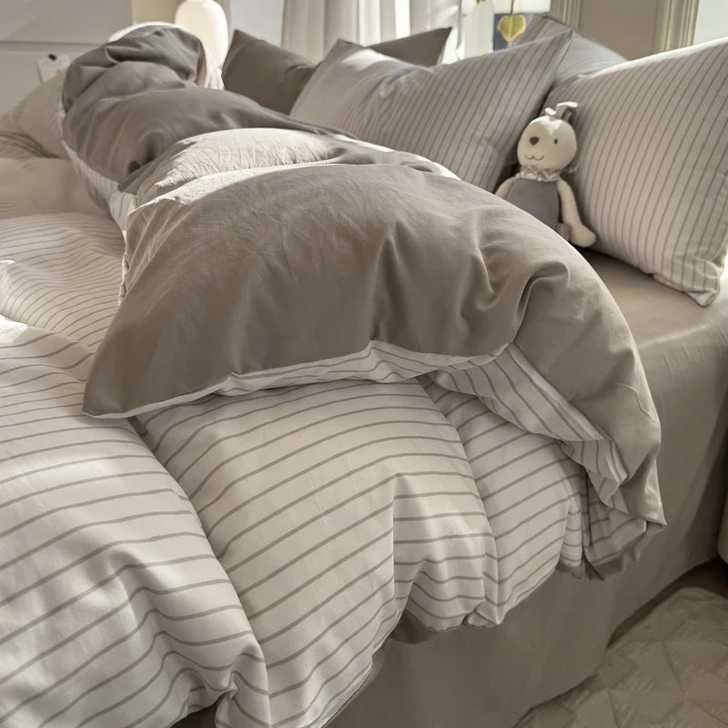 Ins Stripes 100% Washed Cotton Bedding Set with Pillowcase Bed Sheet Quilt Cover Single Double King Queen Size Duvet Cover Set