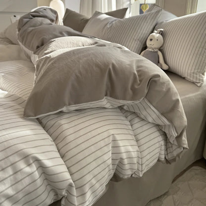 Ins Stripes 100% Washed Cotton Bedding Set with Pillowcase Bed Sheet Quilt Cover Single Double King Queen Size Duvet Cover Set