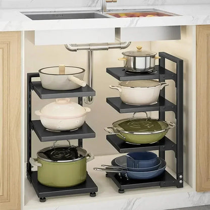 Multilayer Kitchen Under Sink Pot Holder Adjustable Frying Pan Rice Cooker Seasoning Storage Rack Metal Organizer Pot Rack